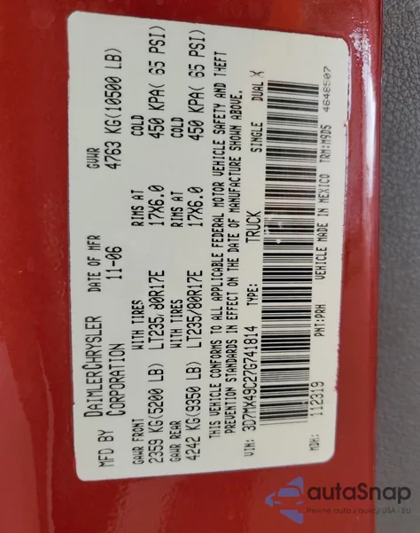 2007 Dodge Ram 3500 from USA, damaged, VIN 3D7MX49C27G741814